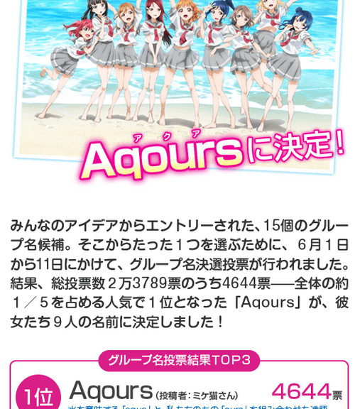 Love Live! Sunshine!! gruppen officielt navngivet Aqours