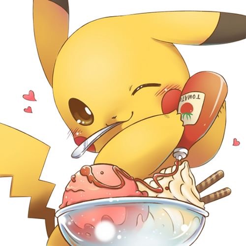 Pikachu der putter ketchup på sin is-dessert